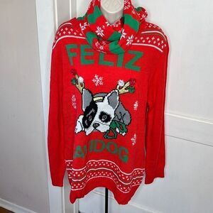 Self Esteem Ugly Cristmas "Feliz Navidog" Sweater Frenchie Bull Dog  & Scarf Plu